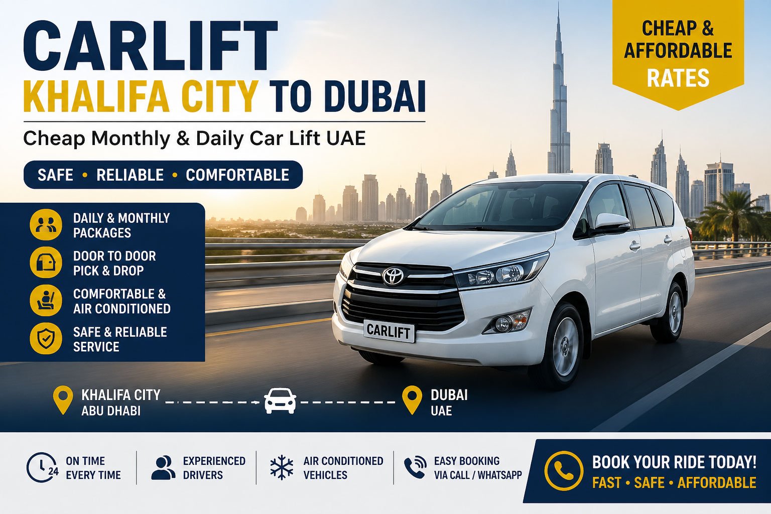 CarLift Khalifa City to Dubai | Cheap Monthly & Daily Car Lift UAE